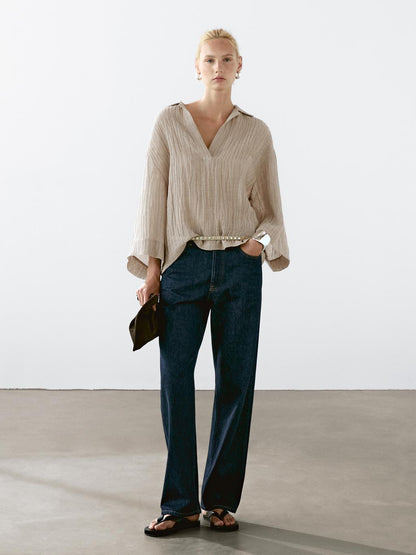 Flowing linen blend blouse with open neckline