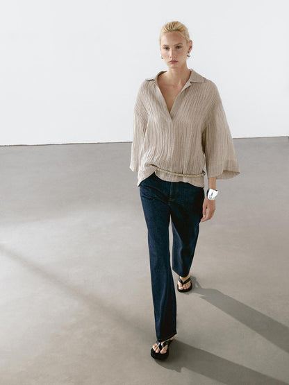 Flowing linen blend blouse with open neckline
