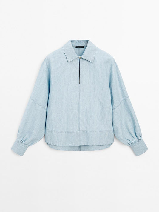 Oversize denim blouse with puff sleeves