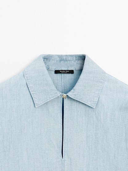 Oversize denim blouse with puff sleeves