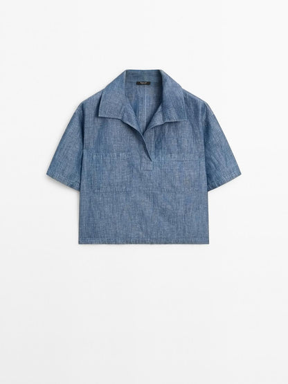Short sleeve cotton and linen polo shirt