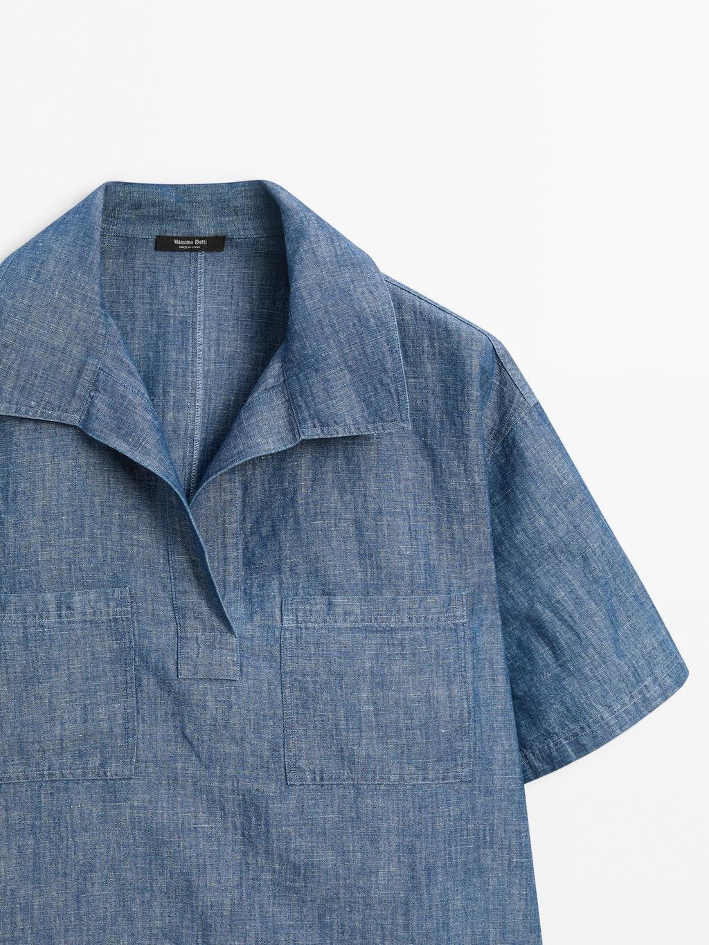 Short sleeve cotton and linen polo shirt