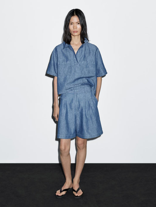 Short sleeve cotton and linen polo shirt