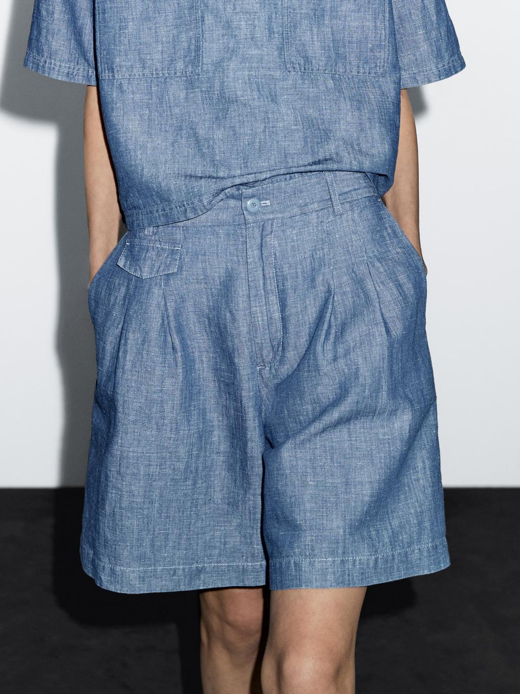 Cotton and linen Bermuda shorts with pocket detail