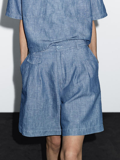 Cotton and linen Bermuda shorts with pocket detail