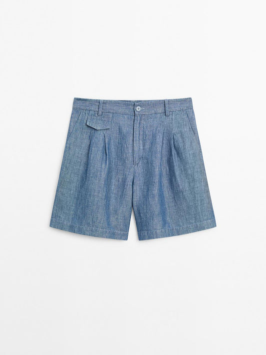 Cotton and linen Bermuda shorts with pocket detail