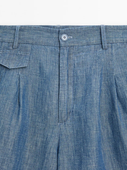 Cotton and linen Bermuda shorts with pocket detail