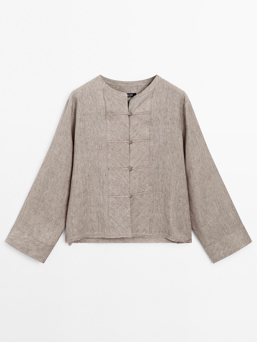 100% linen melange stand collar blouse