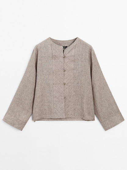 100% linen melange stand collar blouse