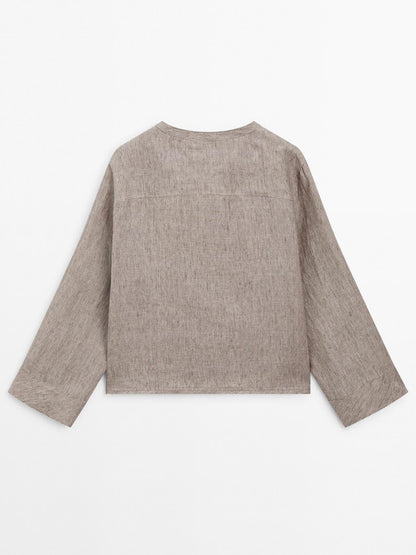 100% linen melange stand collar blouse