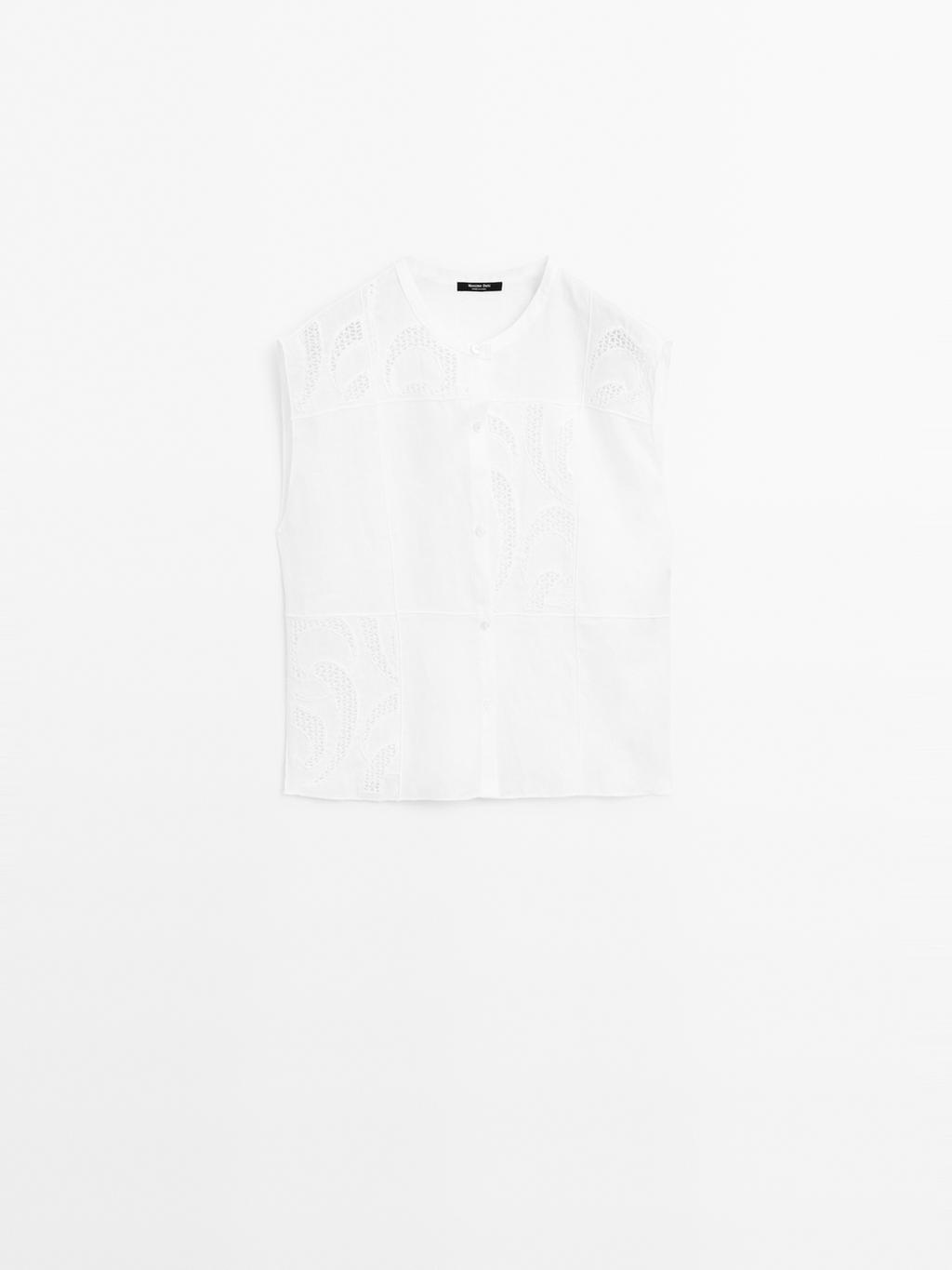 Linen blend crochet detail blouse