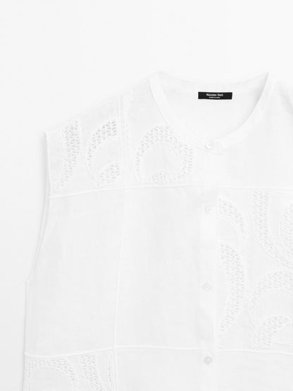 Linen blend crochet detail blouse