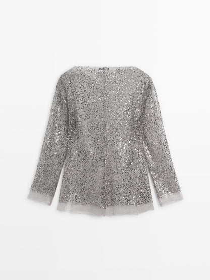 Sequinned blouse with cowl neck