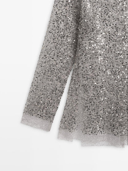 Sequinned blouse with cowl neck