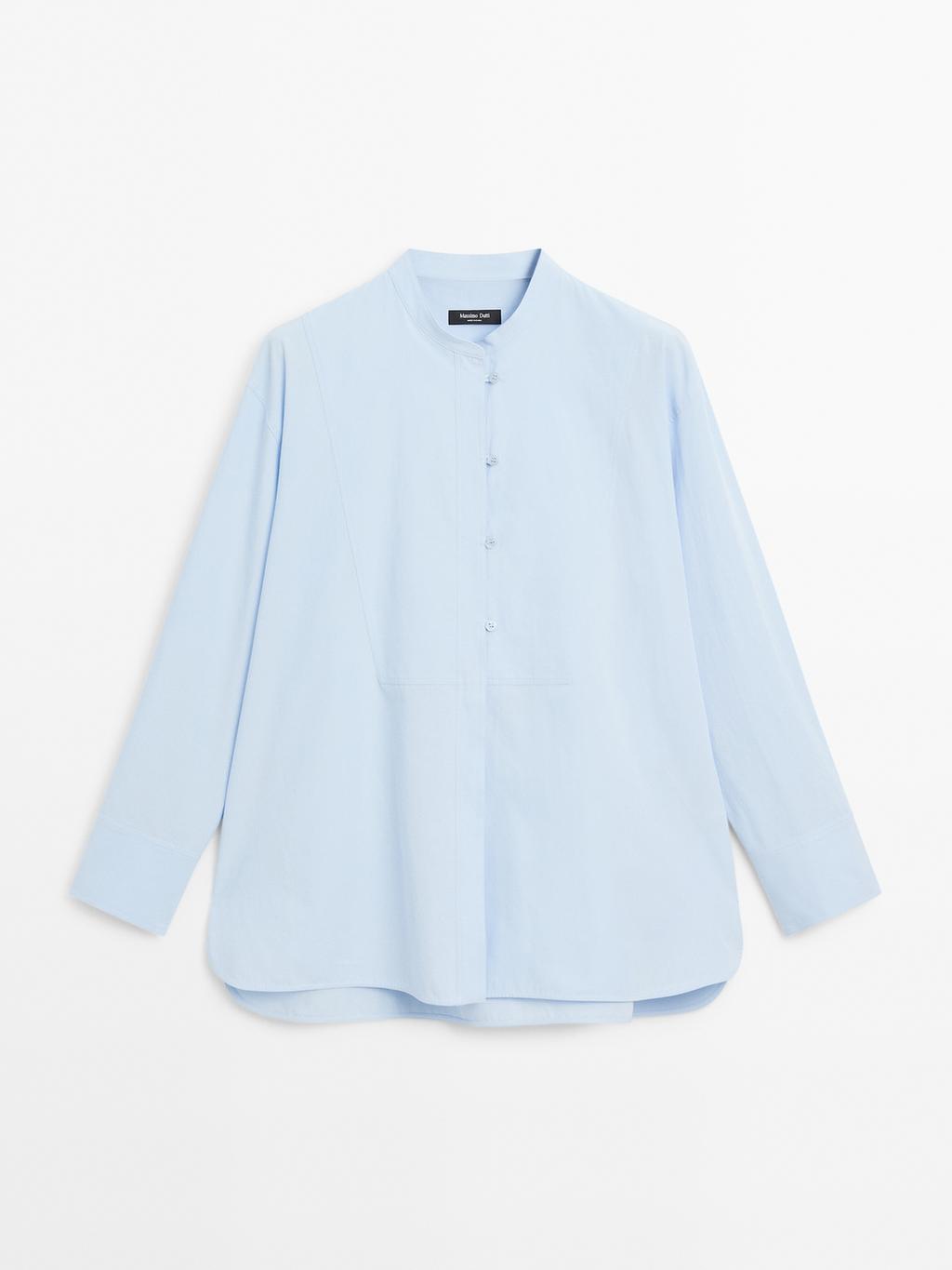 Shirt with stand collar and bib