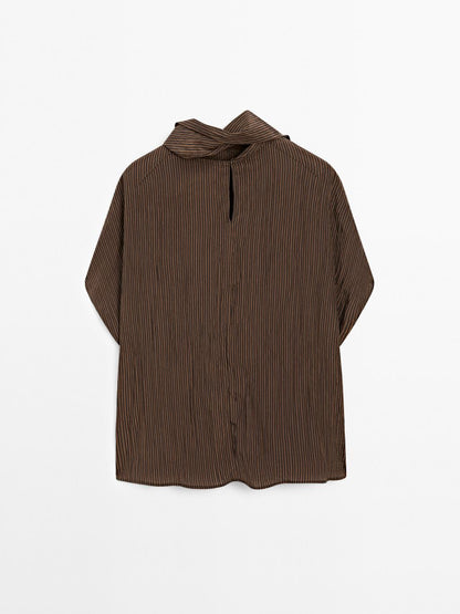 Pinstripe blouse with scarf collar