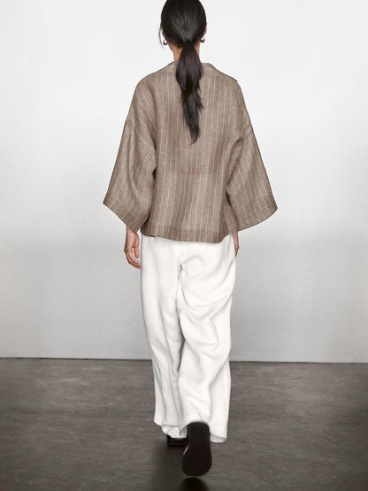 Striped linen open neck blouse