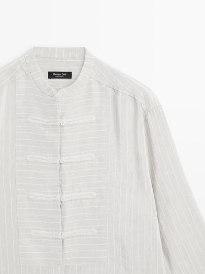 Striped oversize blouse with stand collar