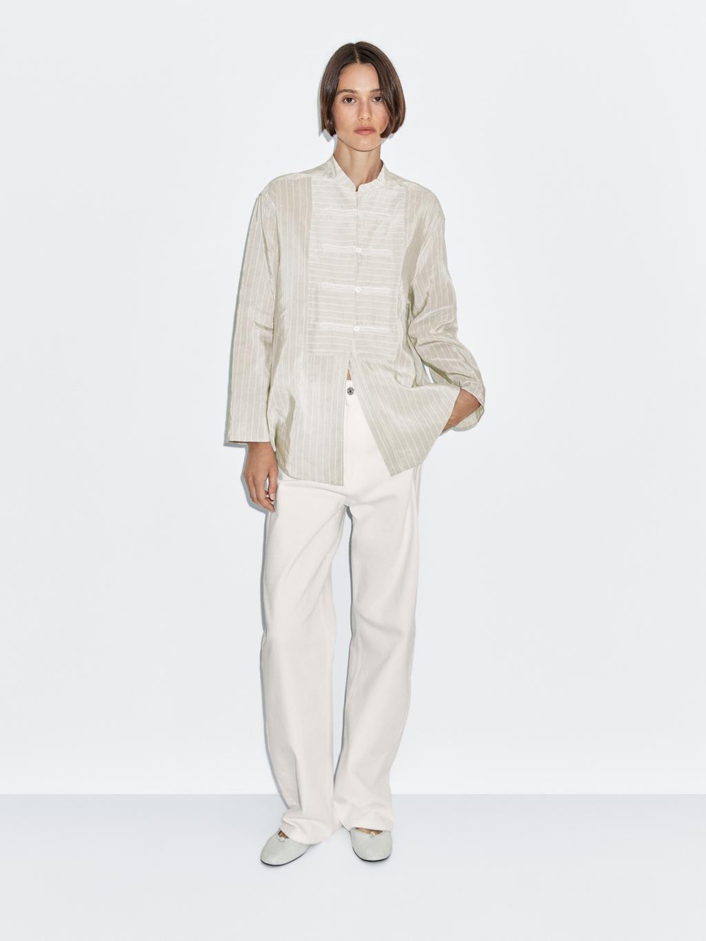 Striped oversize blouse with stand collar