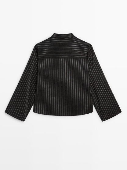 Striped shirt with stand collar and bib detail