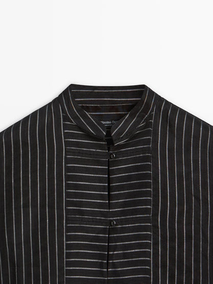 Striped shirt with stand collar and bib detail