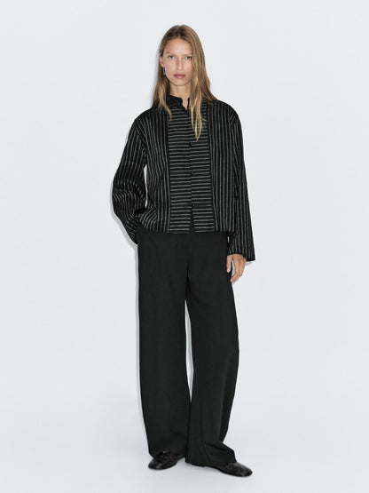 Striped shirt with stand collar and bib detail