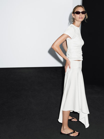 Asymmetric denim midi skirt