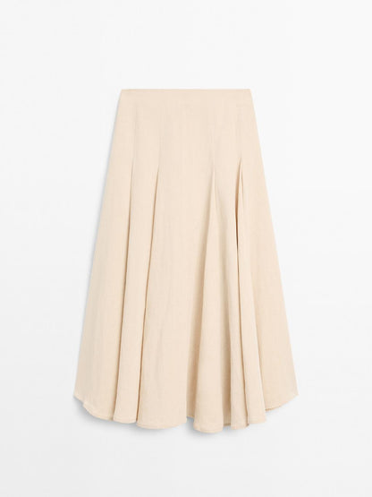 Flounce linen blend midi skirt
