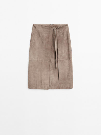 Suede leather wrap midi skirt