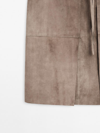 Suede leather wrap midi skirt