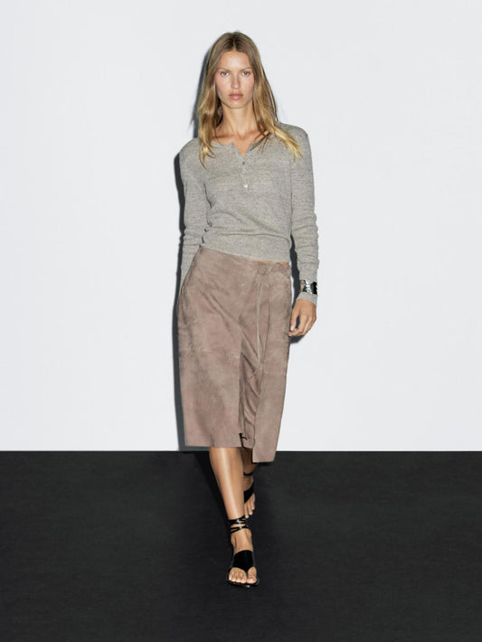 Suede leather wrap midi skirt