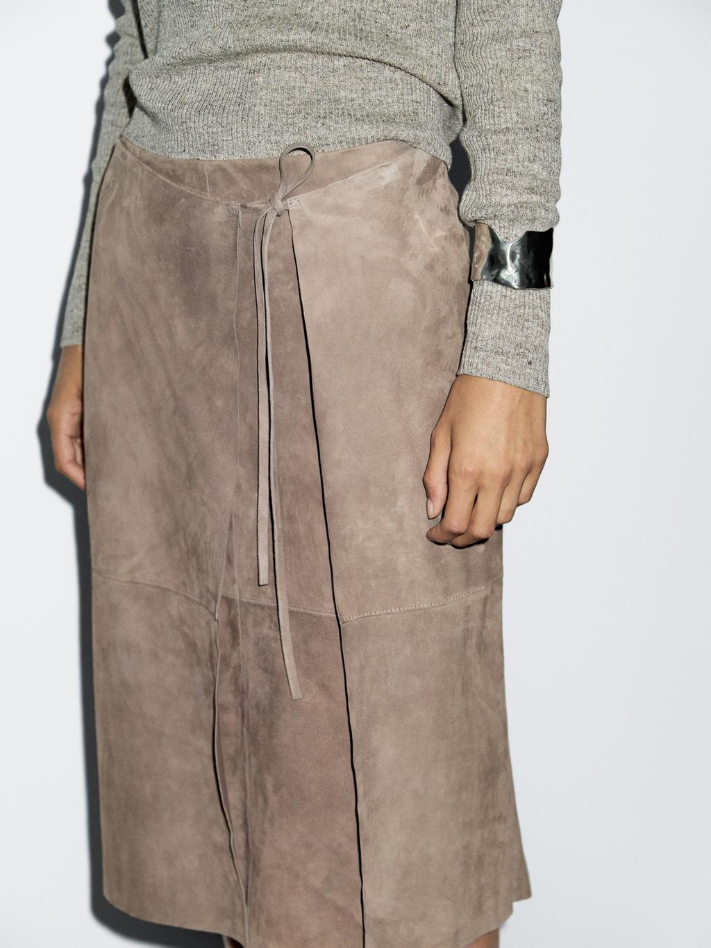 Suede leather wrap midi skirt