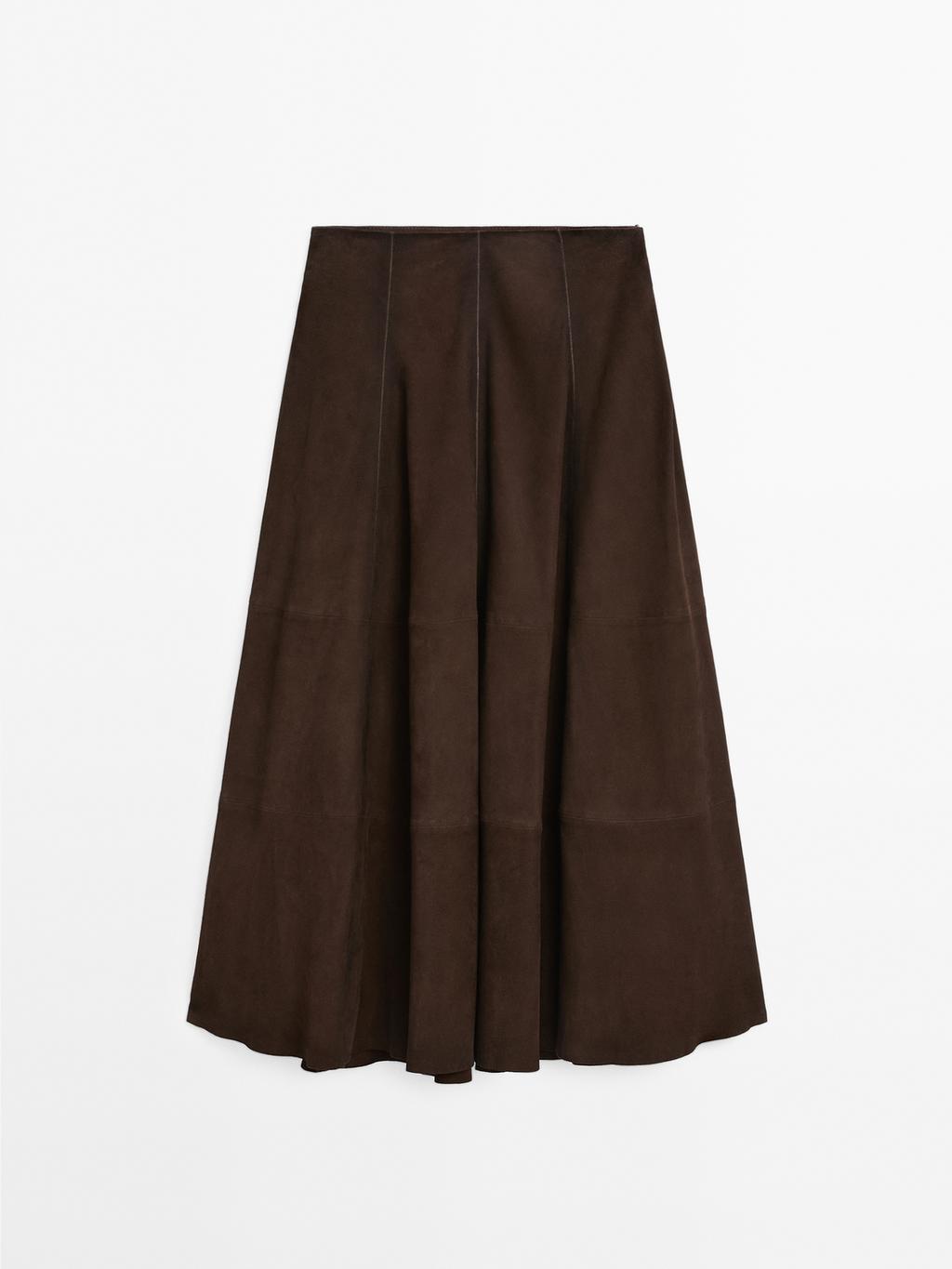 Suede leather flared midi skirt