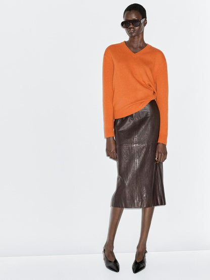 Straight nappa leather midi skirt with slit