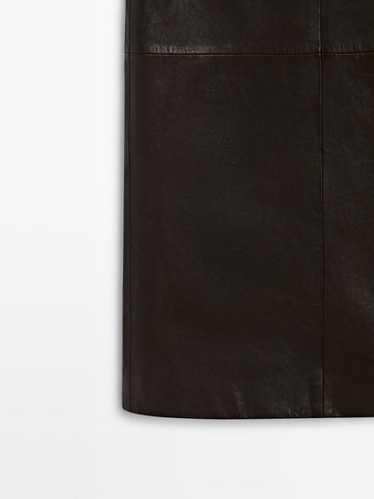 Straight nappa leather midi skirt with slit