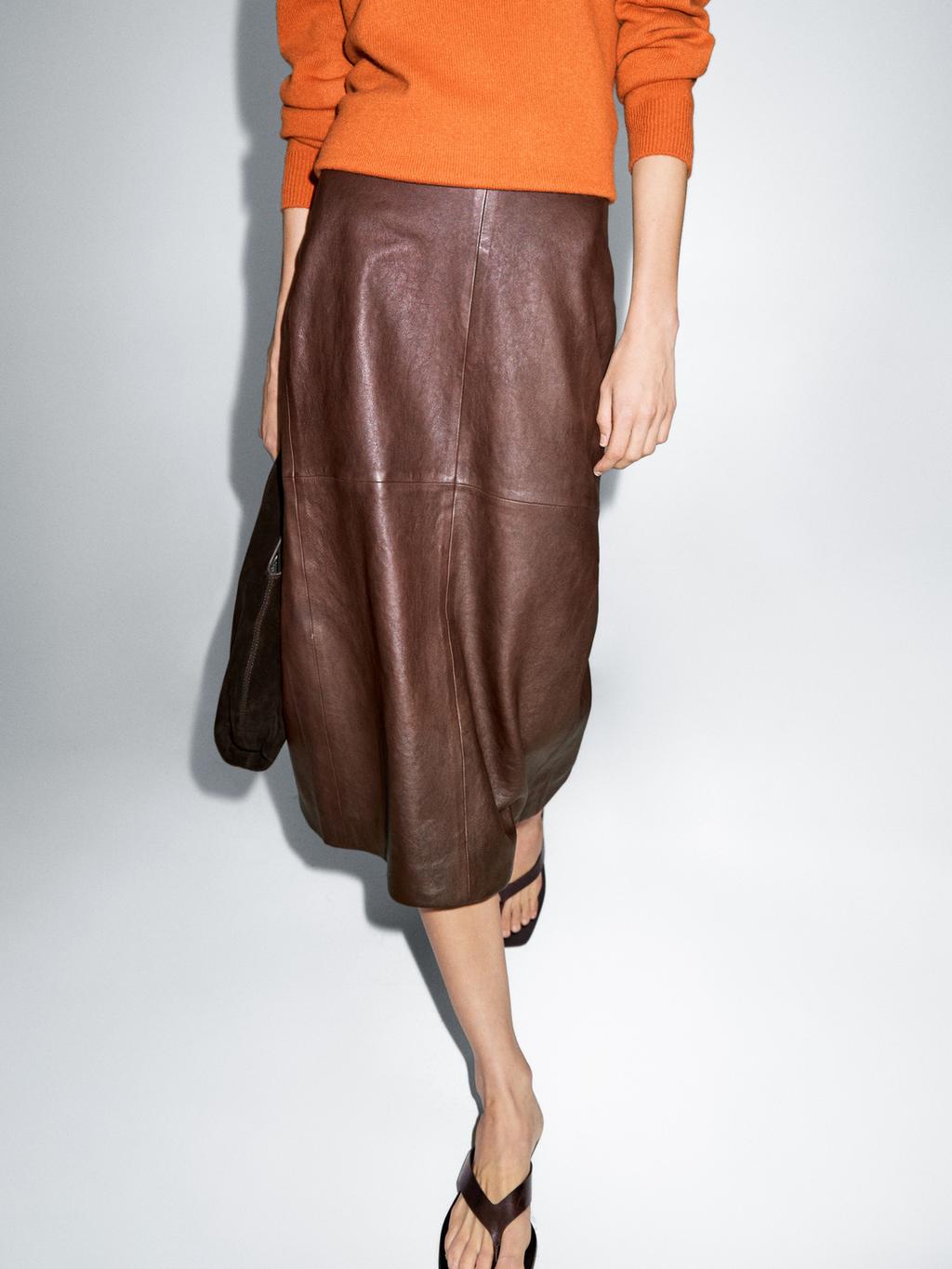 Straight nappa leather midi skirt