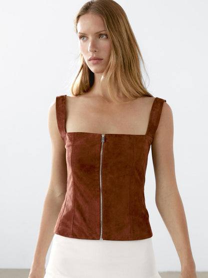Suede leather top with zip