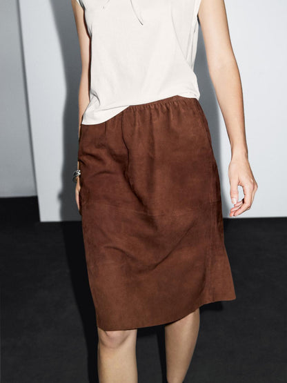 Straight fit suede leather skirt