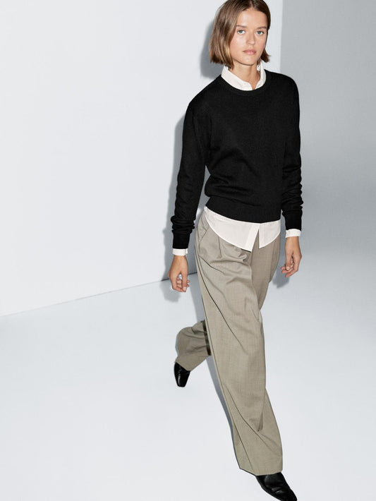 Wool blend crew neck knit sweater