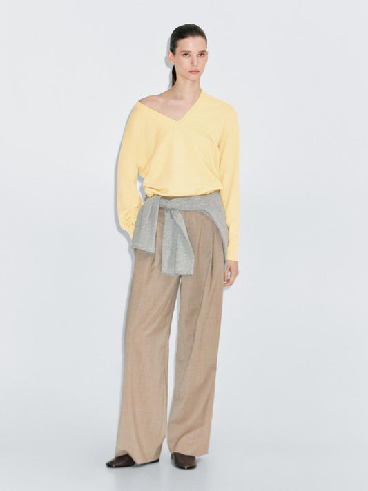 Wool blend deep V-neck knit sweater