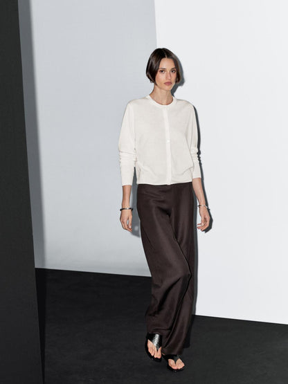 Wool blend knit cardigan with crew neck