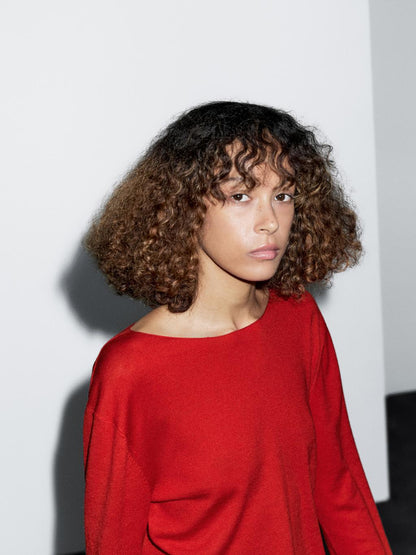 Wool blend boat neck sweater