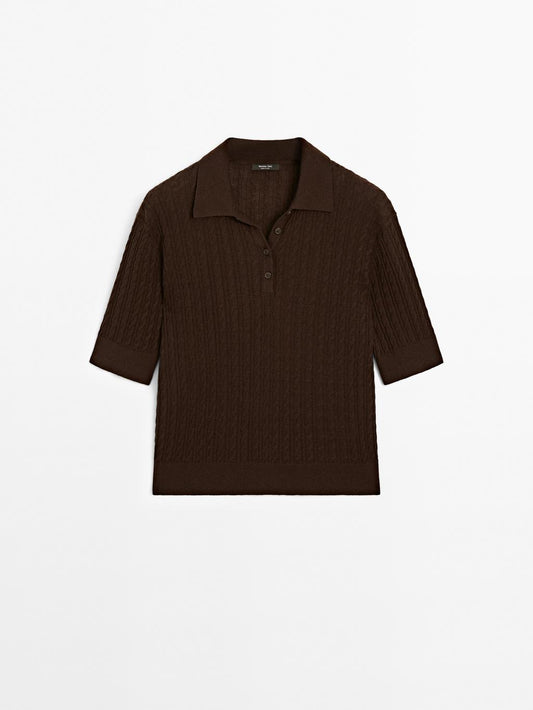 Wool blend cable-knit polo shirt