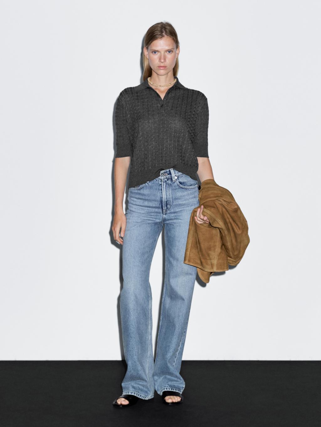 Wool blend cable-knit polo shirt