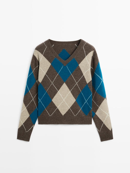 Wool blend argyle knit sweater