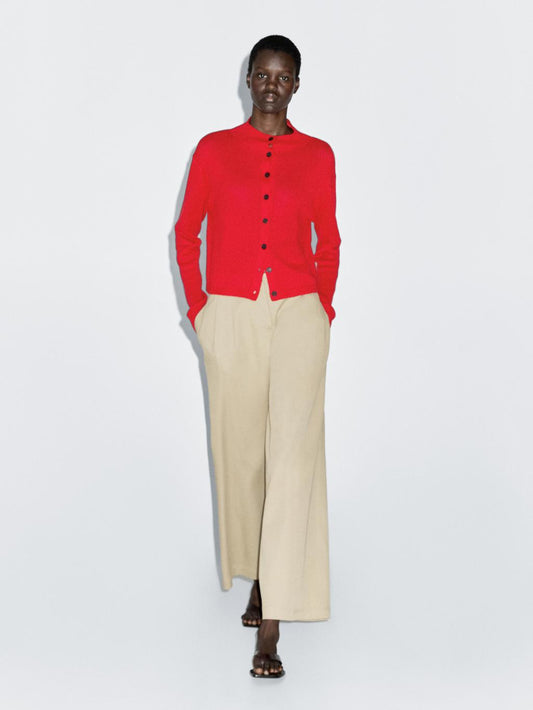 Knit wool and linen cardigan with mock turtleneck