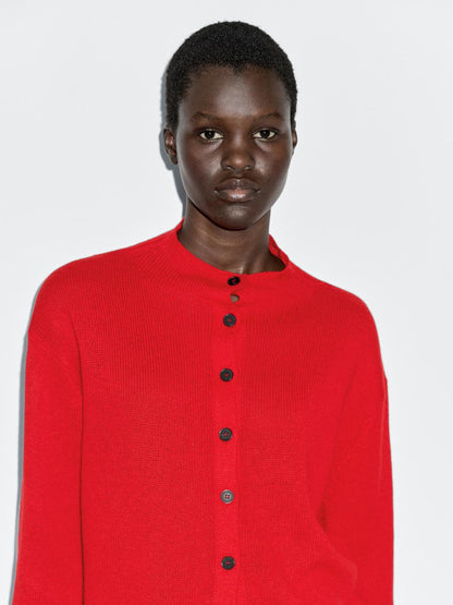 Knit wool and linen cardigan with mock turtleneck