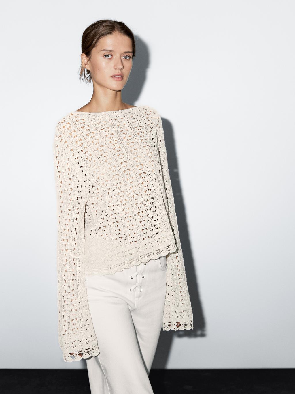 Cotton blend openwork crochet sweater