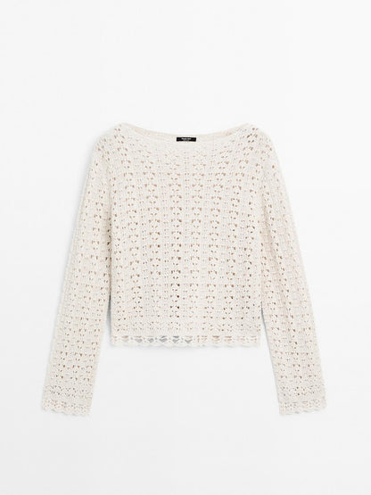 Cotton blend openwork crochet sweater