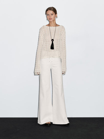 Cotton blend openwork crochet sweater